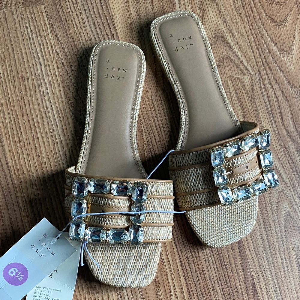 a new day Tan Rhinestone Buckle Slide Sandals